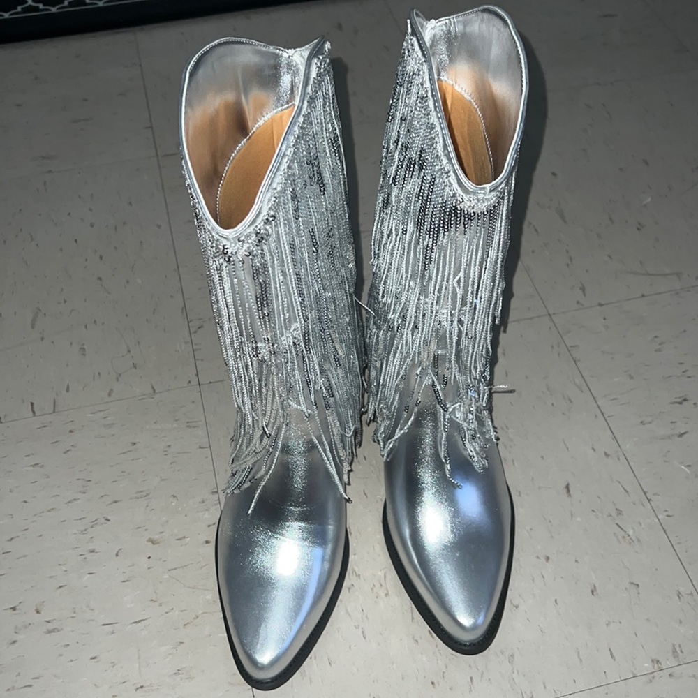 Women Fringe & Sequins Decor Point Toe Chunky Heeled Western Boots